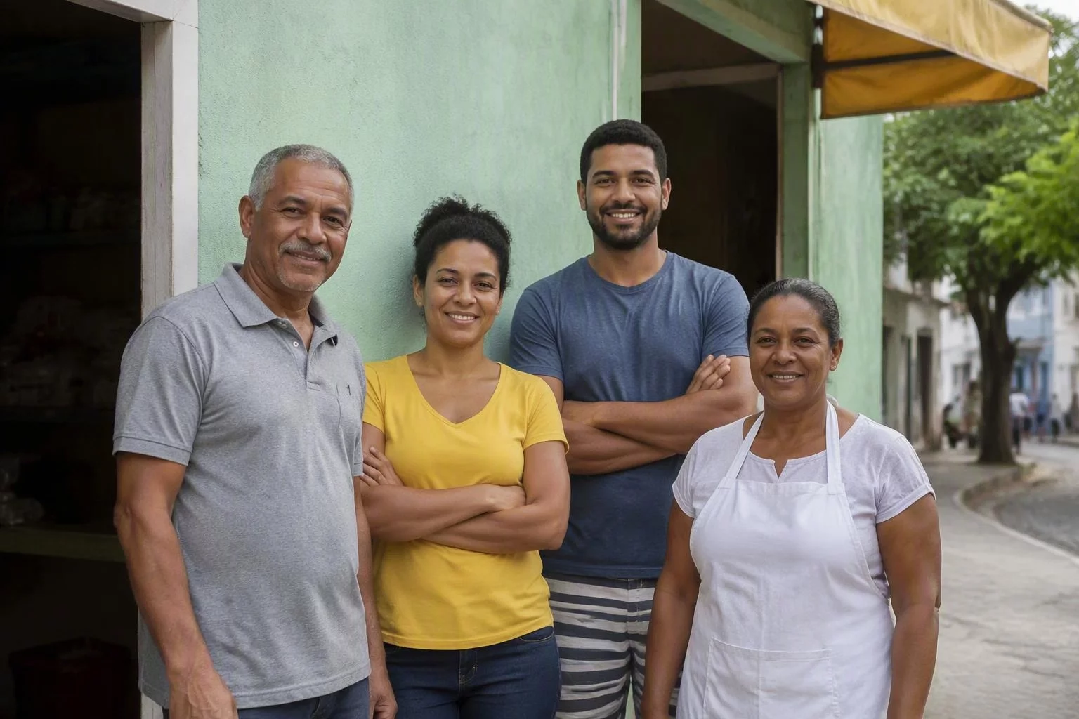 Equipe de uma loja de bairro reunida diante da fachada